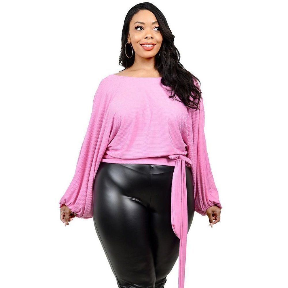 Plus-Size Pink Tie-Sash Balloon Sleeve Blouse